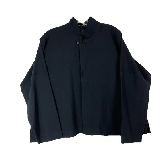 0 Eskandar Crop  Fine Wool boxy drape small Stand collar black blouse top - Picture 1 of 3